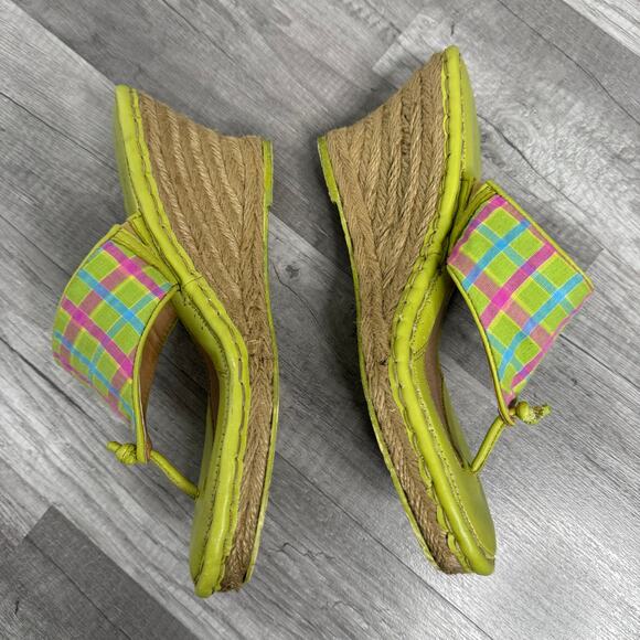 Born Wedges Size 8 Espadrille Tong Green Plaid Y2K 00s Preppy Leather Canvas - Picture 2 of 8